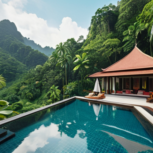 Home 6 **A luxurious resort nestled amidst lush greenery, showcasing a pristine pool and stunning views. Focus on the serenity and high-end experience, emphasize Malaysian culture.**