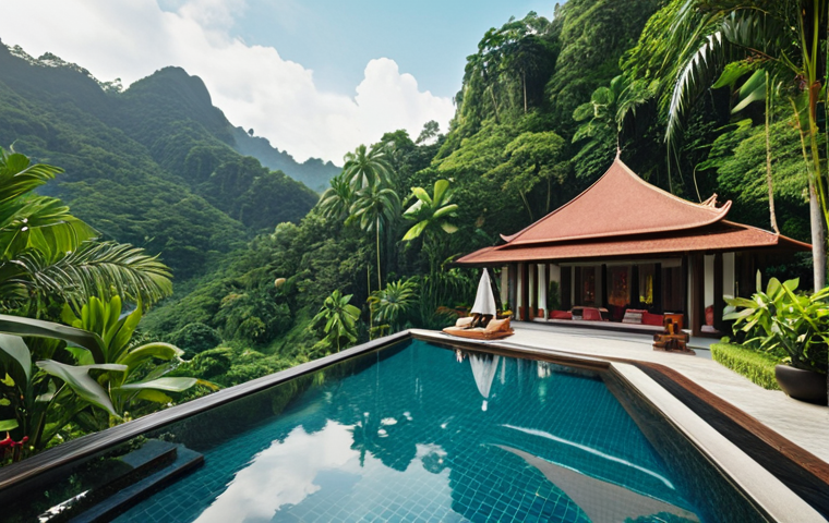 **A luxurious resort nestled amidst lush greenery, showcasing a pristine pool and stunning views. Focus on the serenity and high-end experience, emphasize Malaysian culture.**