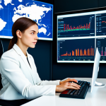 A focused, professional woman in a modest business suit, seated at a modern desk with multiple large screens displaying complex data visualizations related to global tourism trends, including interactive maps and sentiment analysis charts. The office environment is clean, bright, and futuristic, emphasizing the power of big data in decision-making. The woman is observing the data with a thoughtful expression, hands resting naturally on the keyboard. High-resolution, professional photography, cinematic lighting, fully clothed, appropriate attire, modest clothing, professional dress, safe for work, appropriate content, perfect anatomy, correct proportions, natural pose, well-formed hands, proper finger count, natural body proportions, professional, family-friendly.