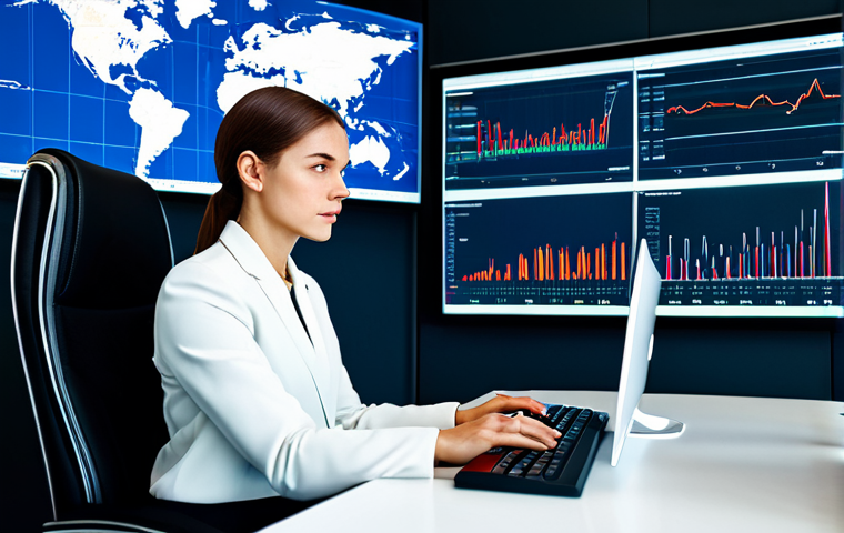 A focused, professional woman in a modest business suit, seated at a modern desk with multiple large screens displaying complex data visualizations related to global tourism trends, including interactive maps and sentiment analysis charts. The office environment is clean, bright, and futuristic, emphasizing the power of big data in decision-making. The woman is observing the data with a thoughtful expression, hands resting naturally on the keyboard. High-resolution, professional photography, cinematic lighting, fully clothed, appropriate attire, modest clothing, professional dress, safe for work, appropriate content, perfect anatomy, correct proportions, natural pose, well-formed hands, proper finger count, natural body proportions, professional, family-friendly.