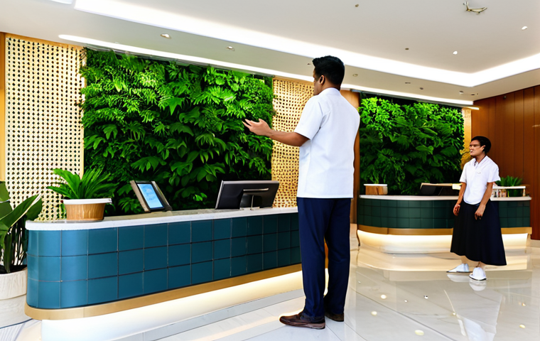 Modern Hotel Lobby**

"A brightly lit, modern hotel lobby in Kuala Lumpur, Malaysia, featuring comfortable seating areas, digital check-in kiosks, and a friendly hotel staff member assisting a guest who is fully clothed in modest, casual attire. Lush green plants add a touch of nature. Professional, clean, and welcoming atmosphere. Safe for work, appropriate content, perfect anatomy, natural proportions, well-formed hands, proper finger count, professional photography, high quality."

**