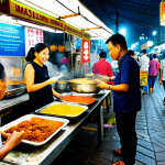**

A vibrant scene at a local Malaysian market (Pasar Malam), showcasing a variety of street food. Focus on a family enjoying satay and nasi lemak. In the background, display modern QR code payment options alongside traditional stalls.  Safe for work, appropriate content, fully clothed, modest clothing, family-friendly, professional photography, perfect anatomy, natural proportions, high quality.

**