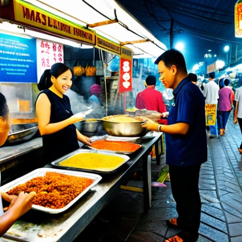 **

A vibrant scene at a local Malaysian market (Pasar Malam), showcasing a variety of street food. Focus on a family enjoying satay and nasi lemak. In the background, display modern QR code payment options alongside traditional stalls.  Safe for work, appropriate content, fully clothed, modest clothing, family-friendly, professional photography, perfect anatomy, natural proportions, high quality.

**