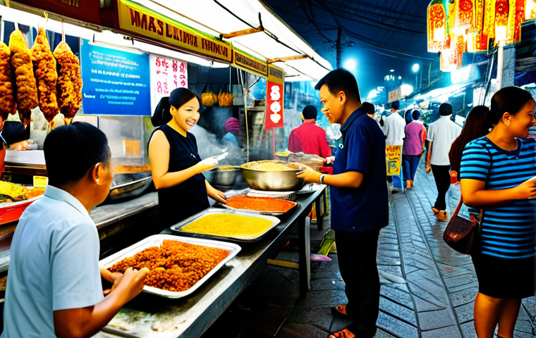 **

A vibrant scene at a local Malaysian market (Pasar Malam), showcasing a variety of street food. Focus on a family enjoying satay and nasi lemak. In the background, display modern QR code payment options alongside traditional stalls.  Safe for work, appropriate content, fully clothed, modest clothing, family-friendly, professional photography, perfect anatomy, natural proportions, high quality.

**