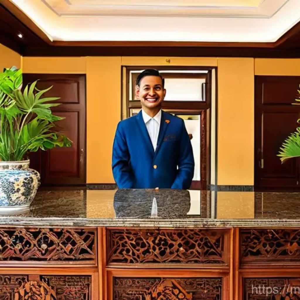 호텔 서비스 마케팅 - **Prompt:** A beautifully designed, spacious hotel lobby in Melaka, Malaysia, exuding warmth and loc...