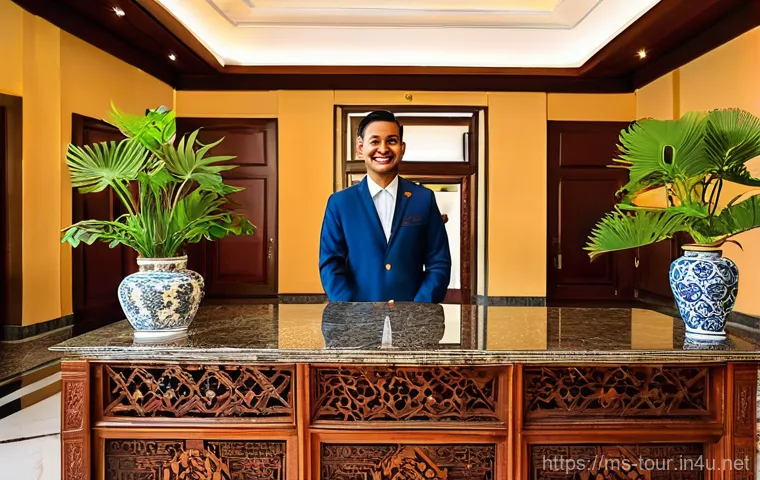 호텔 서비스 마케팅 - **Prompt:** A beautifully designed, spacious hotel lobby in Melaka, Malaysia, exuding warmth and loc...