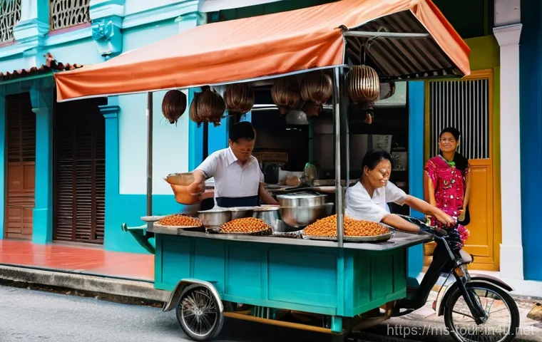 세계문화유산과 관광 - **Prompt:** "A vibrant street scene in George Town, Penang, showcasing a lively fusion of cultures. ...