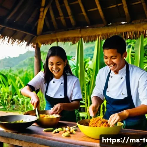 리조트 브랜드 전략 - **Prompt:** A vibrant, sun-drenched outdoor kitchen at a Malaysian resort, where a diverse group of ...