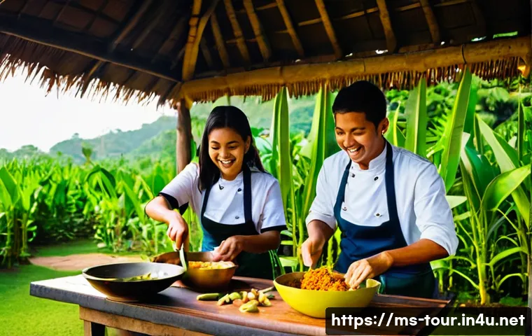 리조트 브랜드 전략 - **Prompt:** A vibrant, sun-drenched outdoor kitchen at a Malaysian resort, where a diverse group of ...