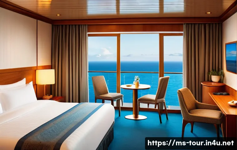 크루즈 관광 - **Prompt 1: Serene Balcony Morning on a Luxury Cruise**
A wide shot from inside a spacious, eleg...